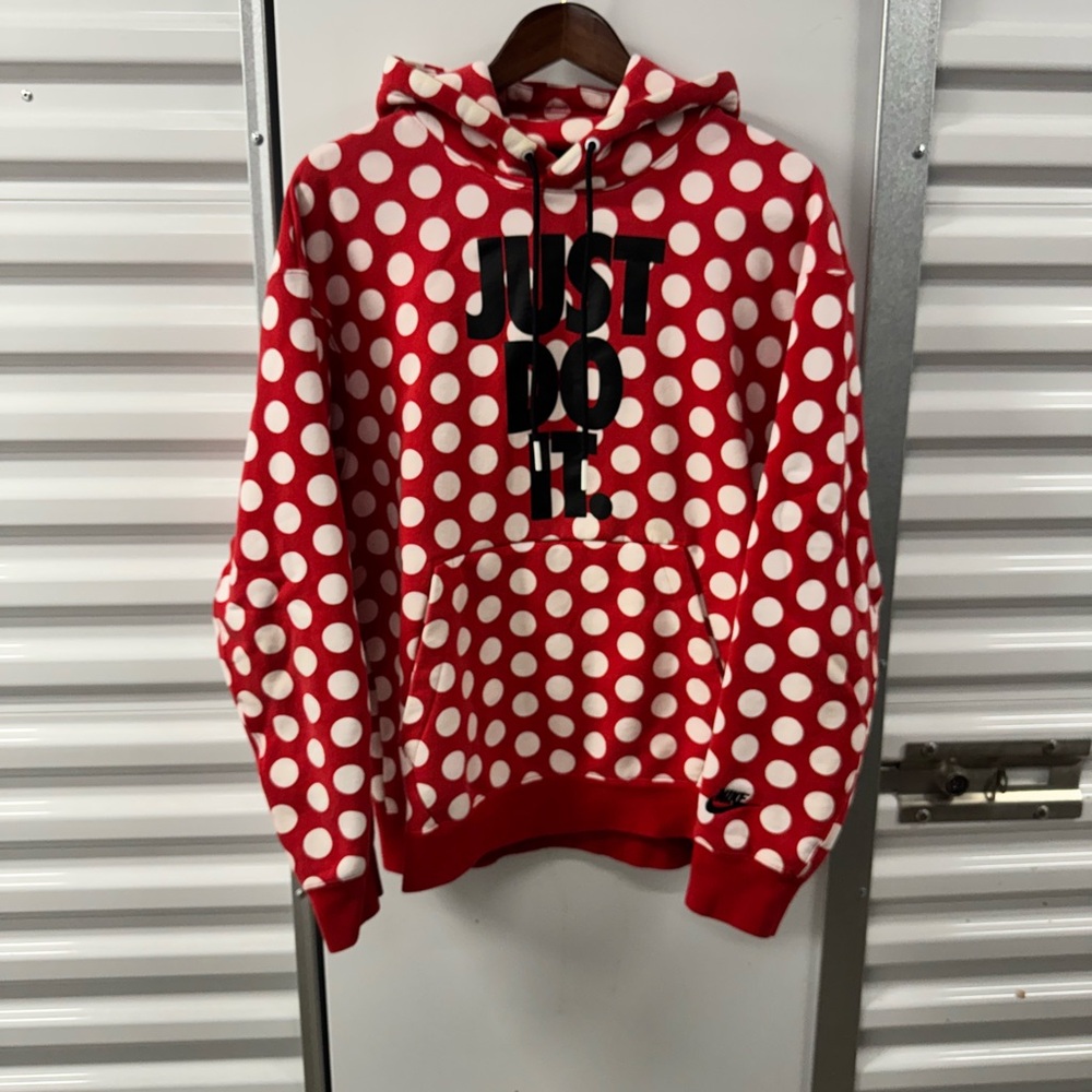 Nike JDI Hoodie Mens L Red‎ Polka Dots Pullover Sweatshirt BV5529 657 Just Do it